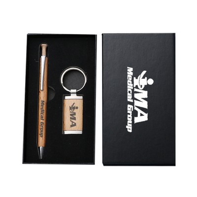 2Pcs Gift Box: Bamboo Keyring and Press Ballpoint Pen