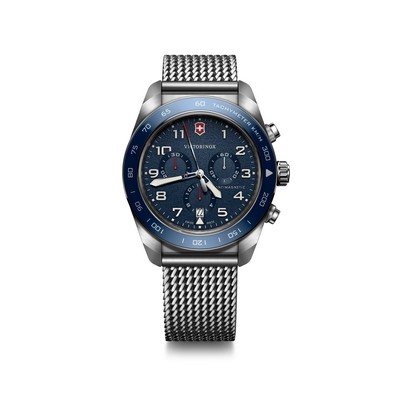 Swiss Army Chrono 42mm, silver case, blue bezel/dial, steel bracelet