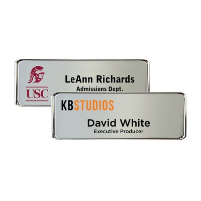 3 1/16" x 1 1/16" Silver Framed Name Badge w/Full Color Imprint & Personalization