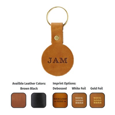 Full-Grain Leather Round Keychain with Split Ring - Made in USA