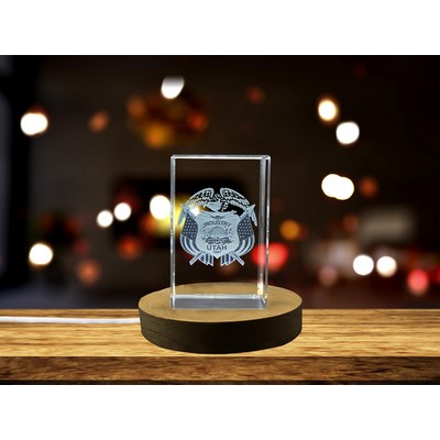 Utah State Coat of Arms 3D Engraved Crystal Trophy Award w/LED Base