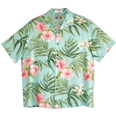 Silky Rayon Soft & Supple Aqua Hawaiian Tropical Print Shirt w/Genuine Coconut Buttons