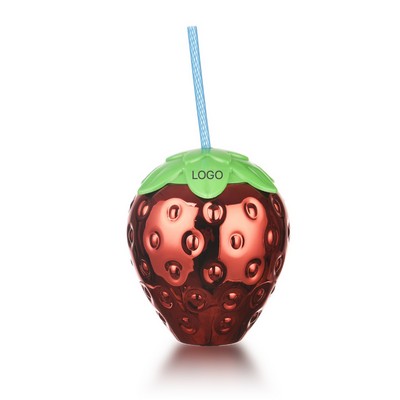 20oz Strawberry Fruit Water Bottle Creative Shaped Plastic Straw Cup Electroplated