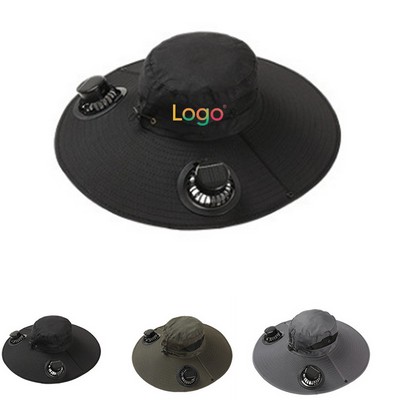 Dual Solar Fan Cooling Hat Outdoor Wide Brim Bucket Hat