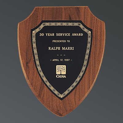 Genuine American Walnut Shield with Black-Gold Brass Plate, Large (10"x12")