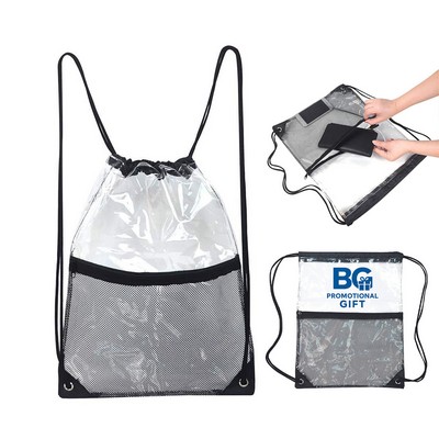 Transparent PVC Cinch Backpack With Front Mesh Zipper Pocket