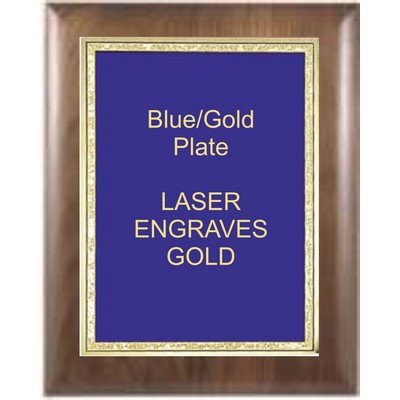 Walnut Elliptical Edge Square Corner 9" x 12" Plaque - W/ 7" x 10" Blue/Gold Florentine Plate