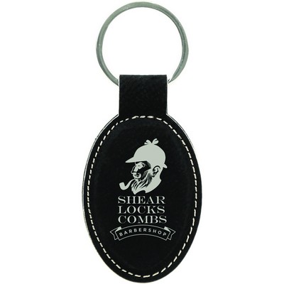 Oval Black/Silver Leatherette Keychain (3" x 1.75")