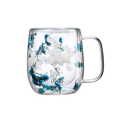 Real Dried Flower Double Wall High Borosilicate Glass Coffee Mug Bar Office