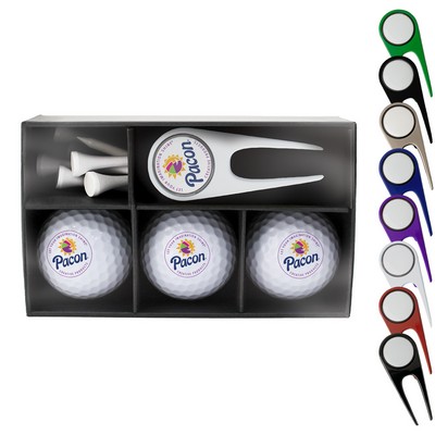 Golf Essentials Combo Gift Box — 3 Golf Balls, Divot Tool & Tees