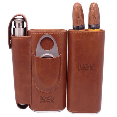 Cigar Holder With Flask And Cutter Set