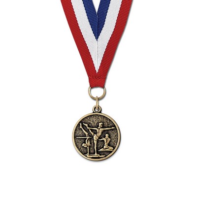 F. Gymnastics Cast CX Medal w/Red/White/Blue or Year Grosgrain Neck Ribbon (1 1/8")
