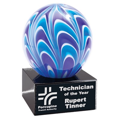 Blue & White Sphere Art Glass Award 5"H