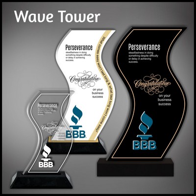 9" Wave Tower Clear Budget Line Acrylic Award in a Black Wood Base