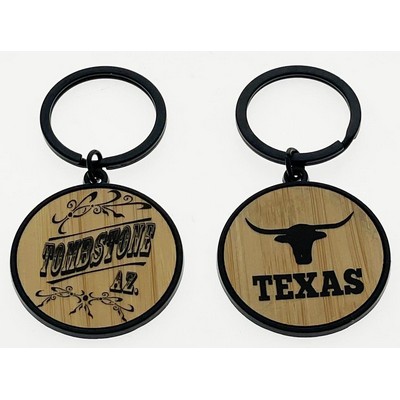 Circle Black Elegant Line Key Tag w/Bamboo