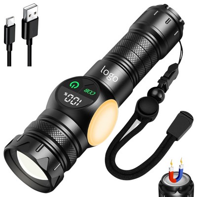 30W High-Lumen Tactical Flashlight with COB Sidelight & Digital Display (No Battery)