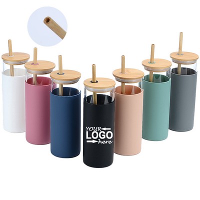 17 Oz Glass Tumbler Set With Bamboo Lid And Straw