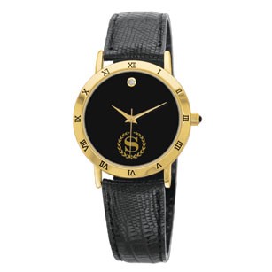 Ladies' Leather Band Collection Stone Dial Watch with Black Face Plate