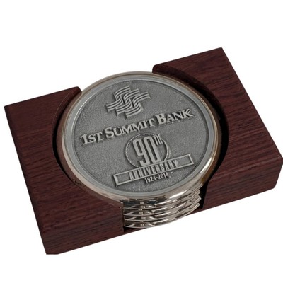 Nickel Plated Boardroom Coaster w/ Zinc Alloy Insert - Set of 4 w/ Holder