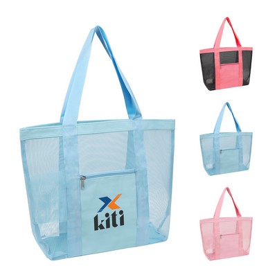 Large Mesh Beach Tote Bag With Pockets & Cup Holders