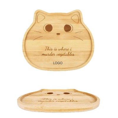 Cat-Shaped Bamboo Cutting Board Cartoon Dessert Serving Tray Natural Wood Baby Food Plate