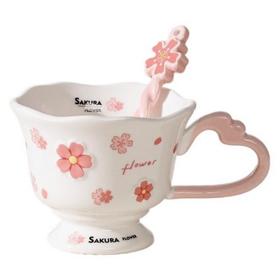 Petal-Pink Sakura Ceramic Mug with Gold Spoon Romantic Cherry Blossom High-Stem Cup High-Aesthetic