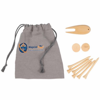 Eco-Friendly Bamboo Golf Tee, Divot Tool & Ball Marker Set in Recycled PET Pouch