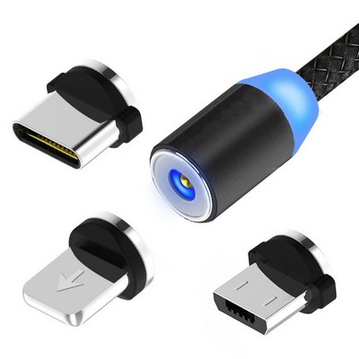 Magnetic 3-in-1 Charging Cable with Round LED Light & Nylon Braid