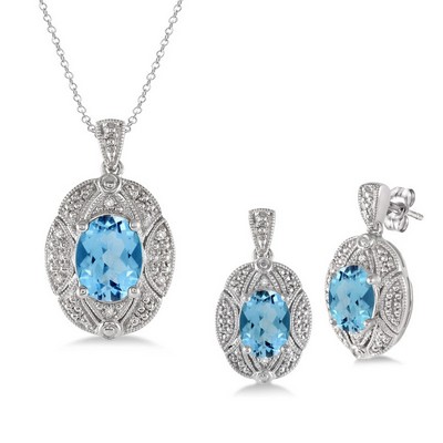Jilco Inc Blue Topaz And Diamond Earring & Necklace Set