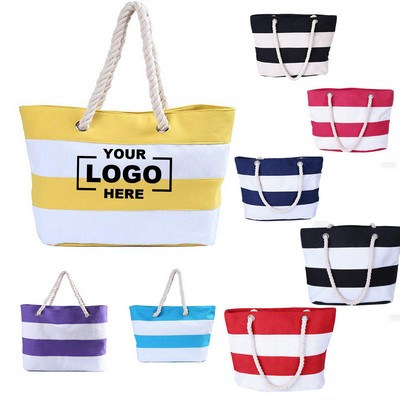 Jute Rope Spliced Color Block Striped Canvas Bag