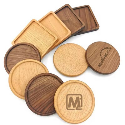 4" x 4" Natural Beech/Walnut Wooden Square/Round Drink Coaster with Custom Logo