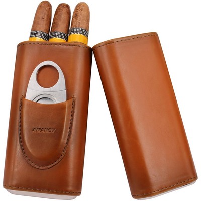 Faux Vegan Leather Cigar Case, Cedar Wood Lined Cigar Humidor with Silver Stainless Steel Cutter