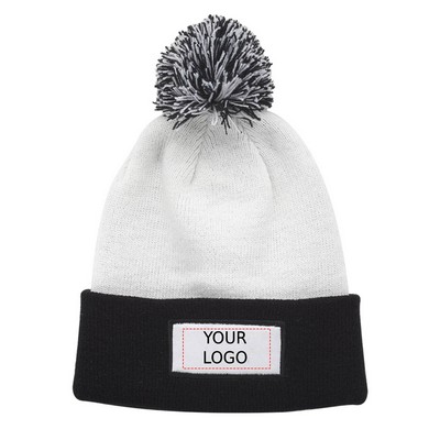 Dual Tone Patch Pompom Beanies