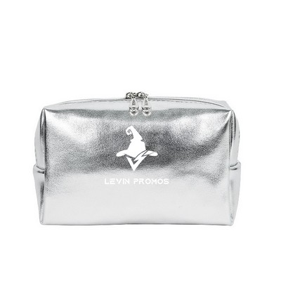 Metallic Silver PU Leather Toiletry Pouch Cosmetic Bag