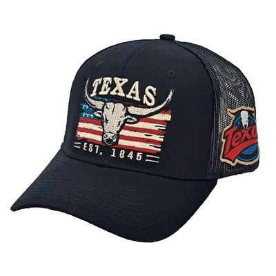 Texas Longhorn State Flag Embroidered Mesh Back Trucker Hat - Est. 1845