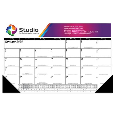 17" x 11" 13 month desk pad calendar one color form, 4cp color art with Vinyl corners.