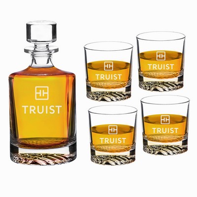 Round-Shaped Glass 850Ml Decanter Gift Set w/ Four 9 Oz. Rocks Glasses