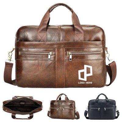 Genuine Leather Briefcases W/ Font Zipper Pockets