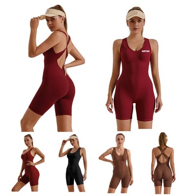 Women's Workout Jumpsuit Criss Cross Backless Yoga One Piece Pants Romper