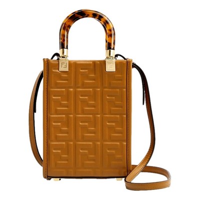 Fendi FF Zucca Leather Mini Sunshine Shopper Tote Crossbody Bag Caramello Brown