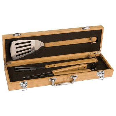 3-Piece Bamboo BBQ Tool Set in Bamboo Presentation Case