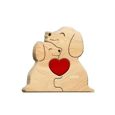 Handcrafted Wooden Dog Family Puzzle Solid Wood Puppy "Hugging" Desktop Ornament