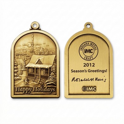 Solid 1.5" Brass Winter Cabin Stock Ornament w/ Reverse Black Side Imprint