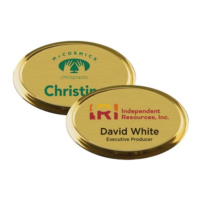 2 3/4" x 1 7/8" Gold Framed Oval Name Badge with Full Color Imprint & Personalization
