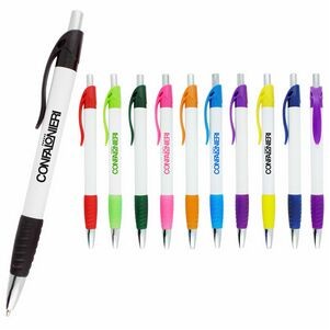 Preston Ballpoint Pen w/White Barrel & Colored Rubber Grip & Clip Click Pen