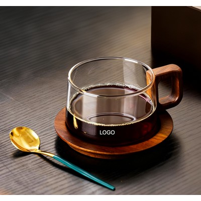 Walnut Wood Coaster Set Glass Coffee Cup with Spoon 250ml