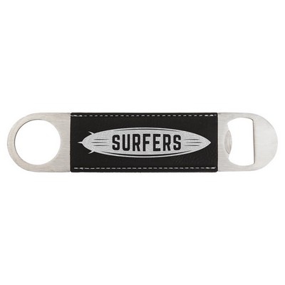 Black Leatherette Bottle Opener - Laser Engraves to Silver