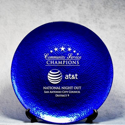 Blue Hammered Metal Glass Plate Award - 9"
