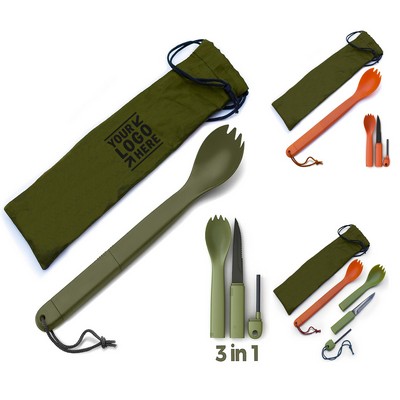 Tactical Outdoor BPA Free Stainless Steel Spoon Fork Knife Fire Starter 3" 1 Multipurpose Utensil