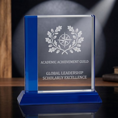 7" Manchester Clear Rectangle Crystal Award with Blue Accent on Blue Slant Base
